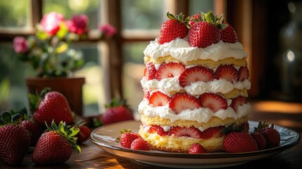 A beautifully layered strawberry cake topped with fresh strawberries and whipped cream in a cozy setting