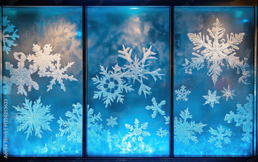Poster frosty winter window display intricate snowflake patterns on illuminated blue glass