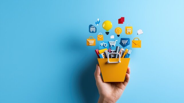 Hand Holding a Bright Yellow Bucket Filled with Colorful Stationery and Digital Icons on a Blue Background - Powered by Adobe