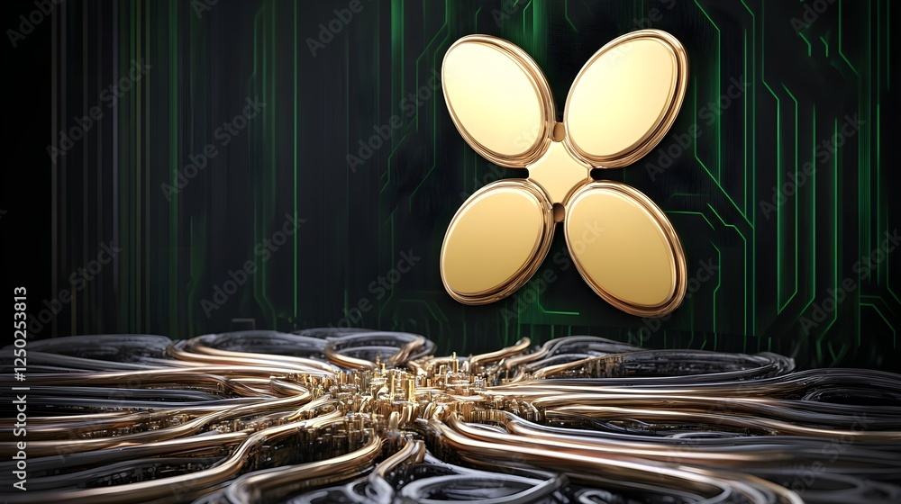 Poster digital representation of innovative technology featuring a golden emblem on a dark circuit backgrou