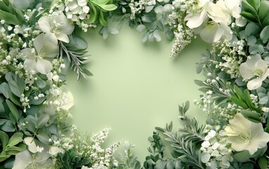 Fototapeta premium Elegant Floral Frame with White Flowers, Greenery and Light Green Background - Copy Space