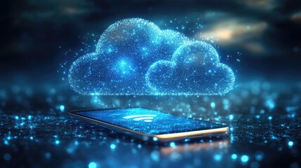 A glowing smartphone displaying cloud technology amidst a digital data landscape at night