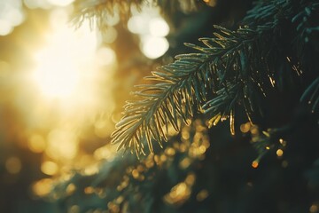 Golden Light on Evergreen Branch A Bokeh-Filled Winter Scene.