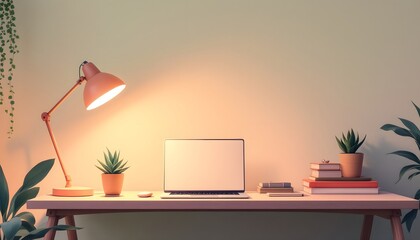 Cozy Home Office Setup: Laptop, Desk Lamp, and Plants