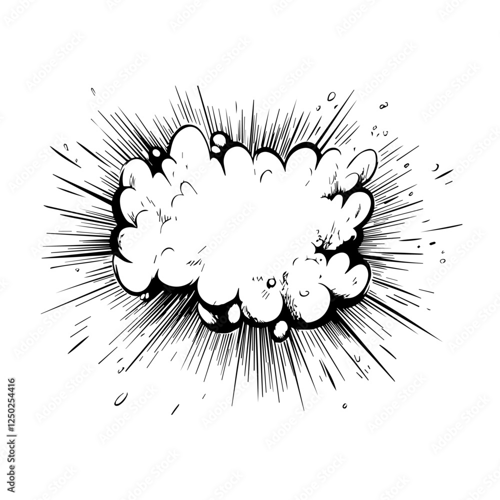 Poster dynamic explosion effect with bold lines and playful cloud shape, evokes excitement