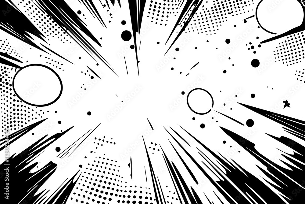 Poster dynamic explosion effect with bold lines and dots, capturing energetic movement and drama