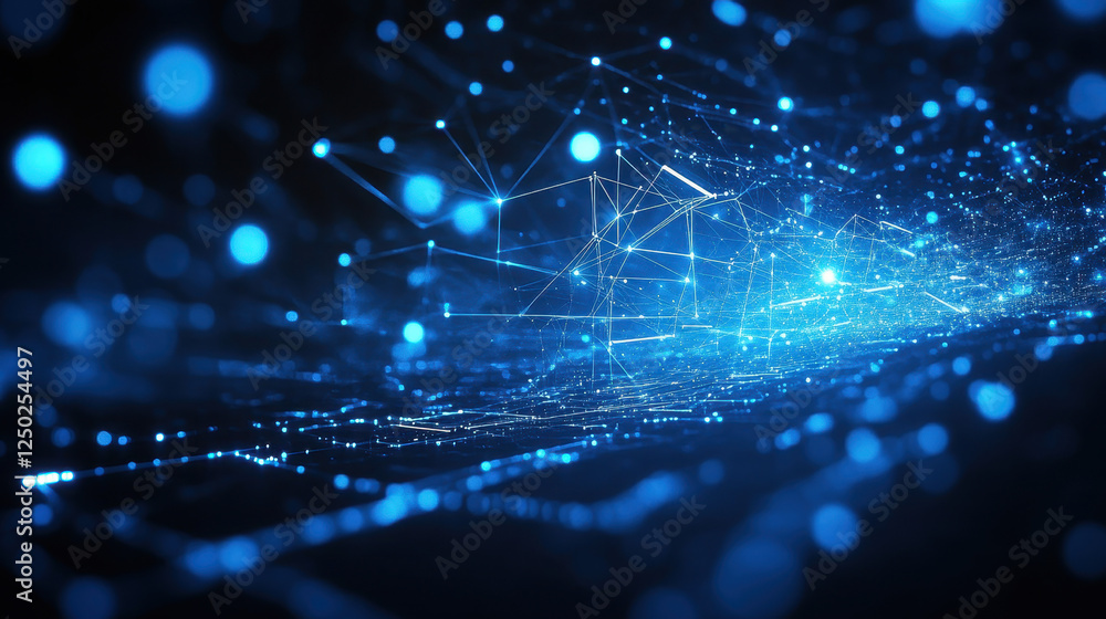 Poster Abstract blue background with glowing connections and data points forming intricate patterns on a dark backdrop