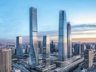 Obraz premium Stunning Cityscape Featuring Futuristic Skyscrapers Against a Dusk Sky with Reflections