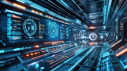 Obraz premium Futuristic corridor with digital interfaces and glowing elements.