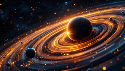 Obraz premium Cosmic Planet: Glowing Rings and Celestial Dance in Vibrant Nebula