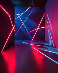 A minimalistic yet dynamic dark neon room with clean geometric LED patterns in red and blue hues, casting long dramatic shadows across the smooth walls and floor 