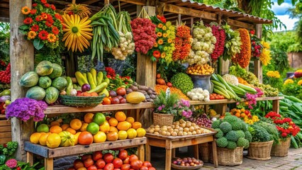 Obraz premium Colorful fruits and vegetables displayed on a wooden stall amidst lush greenery and vibrant flowers at a bustling Puerto Rican farmers market, vegetable stand , vibrant market