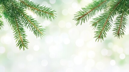 Obraz premium Festive Frame Fresh Green Fir Branches with Bokeh Lights, Perfect for Christmas and Holiday Greetings.