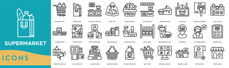 Supermarket icon set. Shopping Cart, Grocery Bag, Checkout Counter, Price Tag, Fresh Produce, Deli Counter and Bakery Section