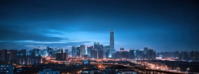 Stunning Skyline of a Modern City Illuminated at Twilight with a Blue Hue