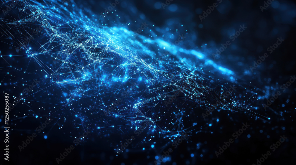 Poster abstract blue background with glowing connections and data points forming intricate patterns on a da