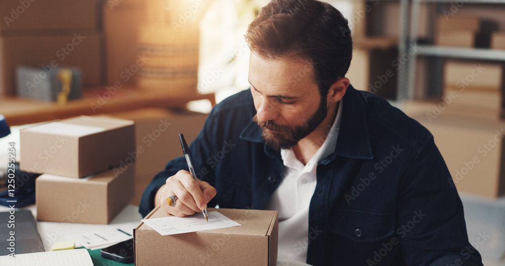 Poster Man, writing and note on box for distribution process of online orders, invoice and shipping information. Person, paper and ecommerce label with package delivery, payment sticker and small business