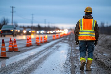 Highway Construction Project Oversight An engineer overseeing highway construction project with cones and wearing high-visibility gear, ensuring safety and efficiency on the road Witness the