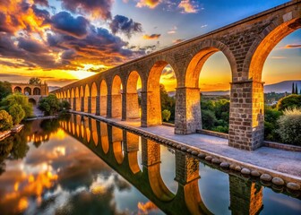 Panoramic View of Queretaro Aqueduct at Sunset, Majestic Historical Landmark in Mexico