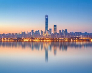 Fototapeta premium Stunning Skyline Reflection of Shanghai’s Futuristic Towers at Dawn with Serene Color Palette