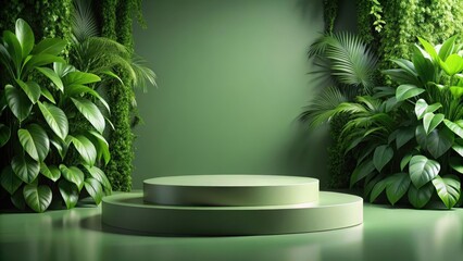 Modern Green Podium with Foliage Background for Presentation