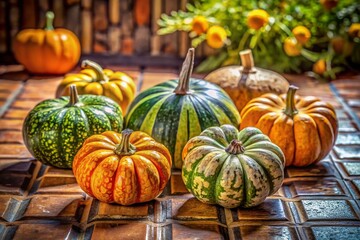 Panoramic View of Six Colorful Squashes on a Tiled Tabletop