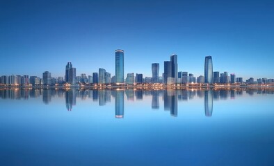 Fototapeta premium Stunning City Skyline Reflected in Calm Waters Under a Clear Blue Sky