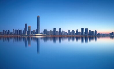 Obraz premium Stunning City Skyline Reflected in Calm Water at Dusk with Serene Blue Hues 