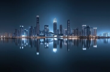 Fototapeta premium Stunning Night View of Futuristic City Skyline Reflected in Calm Waters with a Dreamy Atmosphere