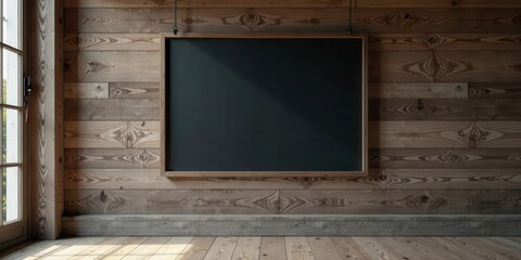 Rustic Wooden Wall with Hanging Dark Frame for Advertisement or Display