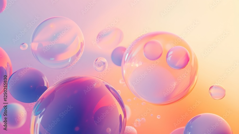 Poster abstract 3d render of floating spheres with gradient colors and light refraction