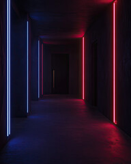 Fototapeta premium A visually striking dark neon room with evenly spaced red and blue LED lights running along the edges, creating an immersive cyberpunk-inspired aesthetic with deep shadows 