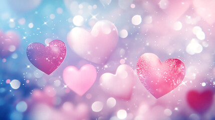 A dreamy background filled with floating heart shapes in soft pastel colors.