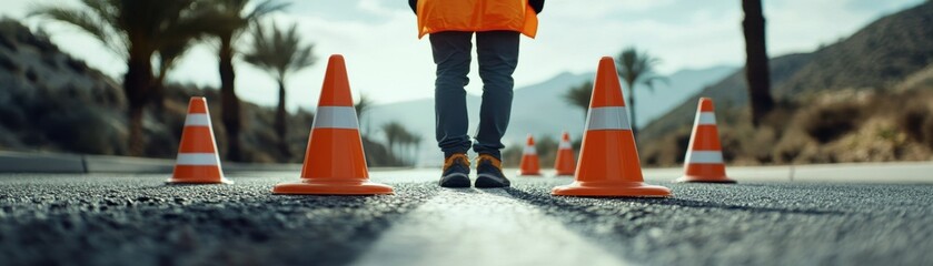 Highway Safety Measures Depiction of a construction worker placing safety cones meticulously along a highway, wearing a high-visibility vest, as part of ongoing infrastructure maintenance