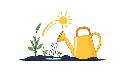 A bright yellow watering can pours water onto soil, nurturing green plants under a sunny sky