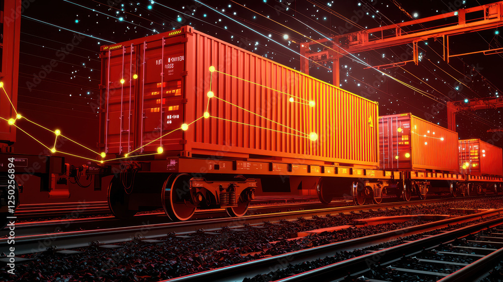 Poster digital animation of container train with glowing effects and tracks