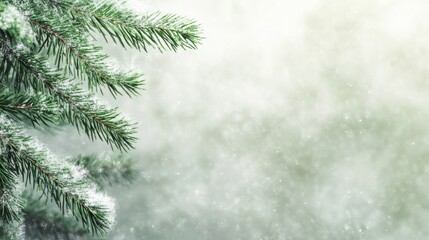 Obraz premium Snowy Evergreen Branches on Soft Blurred Background, Winter Holiday Texture.