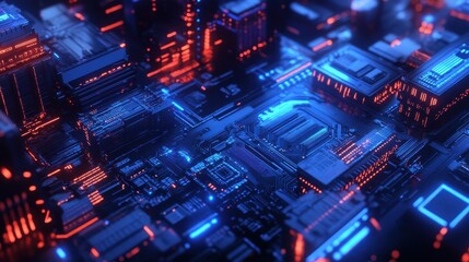 Obraz premium Futuristic Circuit Board with Glowing Blue and Orange Lights Abstract Technology Background.