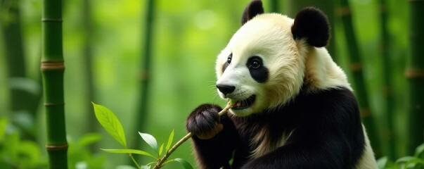Fototapeta premium Panda eating bamboo, visible enclosure details, fur, leaves, ursidae