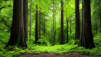 Obraz premium Majestic Redwood Forest with Lush Green Foliage and Towering Trees Illuminated by Soft Diffused Light in a Serene Natural Environment