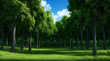 Lush Green Forest Landscape with Vibrant Trees Under Blue Sky and Soft Clouds in a Peaceful Nature Setting for Relaxation and Outdoor Adventure