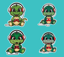 Cute Gamer Dinosaur Vector Illustration – T-Rex with Headset and Game Controller