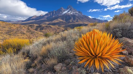 Vibrant orange plant in foreground with majestic mountains and blue sky in the background