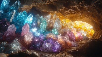 Vibrant crystals of various colors illuminated in a cave, showcasing nature's beauty and diversity