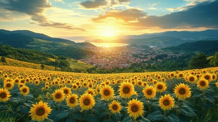 Vibrant sunflower field at sunset overlooking a picturesque town and serene lake