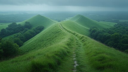 Lush green hills under a cloudy sky, with a winding path leading through the landscape