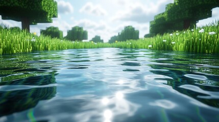 Serene river flowing through lush green landscape under a bright sky with fluffy clouds