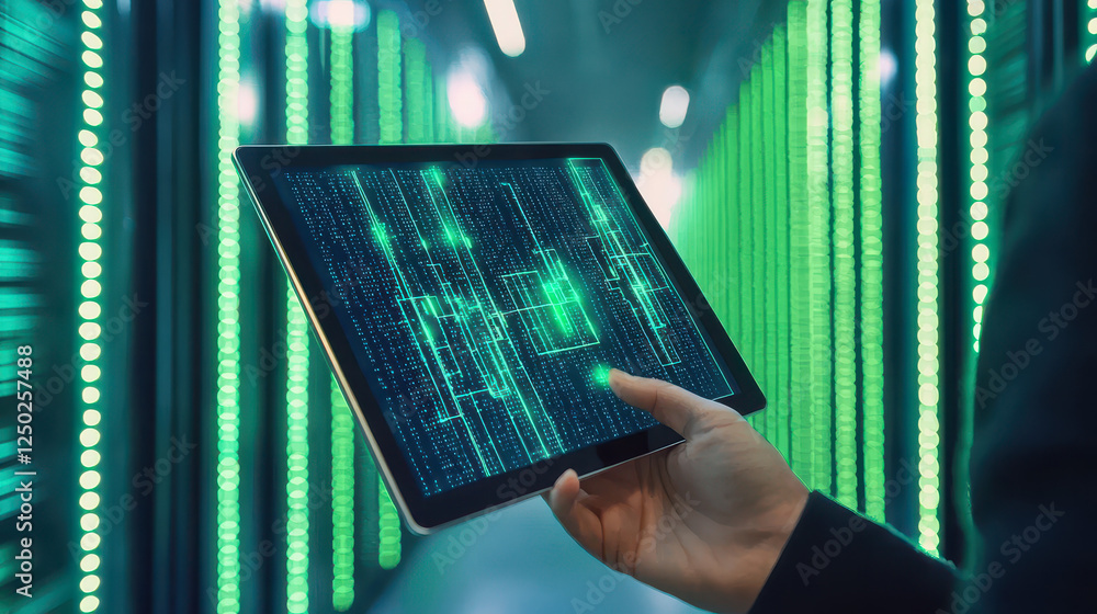 Poster hand holding tablet displaying digital data in server room
