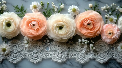Obraz premium Beautiful arrangement of pastel flowers and delicate lace on a marble surface