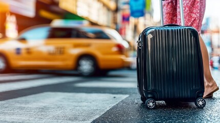 Traveler with black suitcase waiting at city crosswalk.